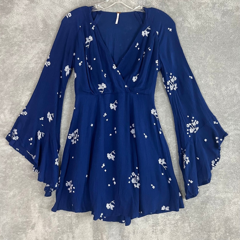 Free People Jasmine Embroidered Mini Dress Womens 0 Bell Sleeve Floral Fairy‎